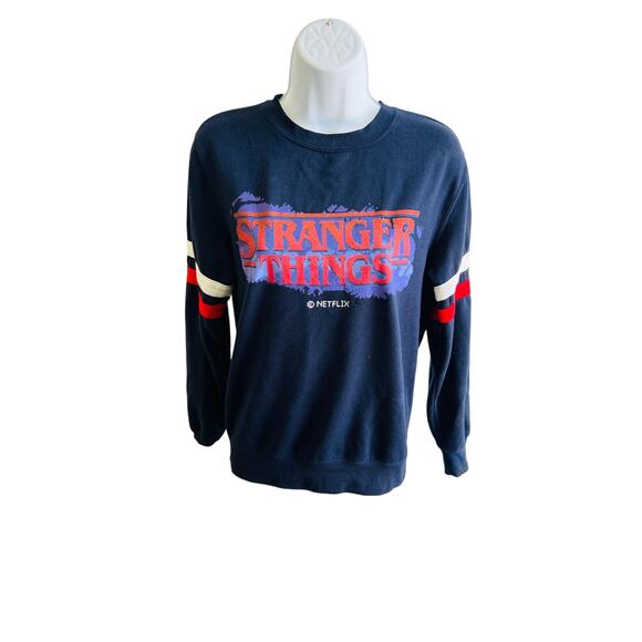 👾 Stranger Things Netflix Sweatshirt Navy Red White Striped Sleeves Size SM - Picture 1 of 4
